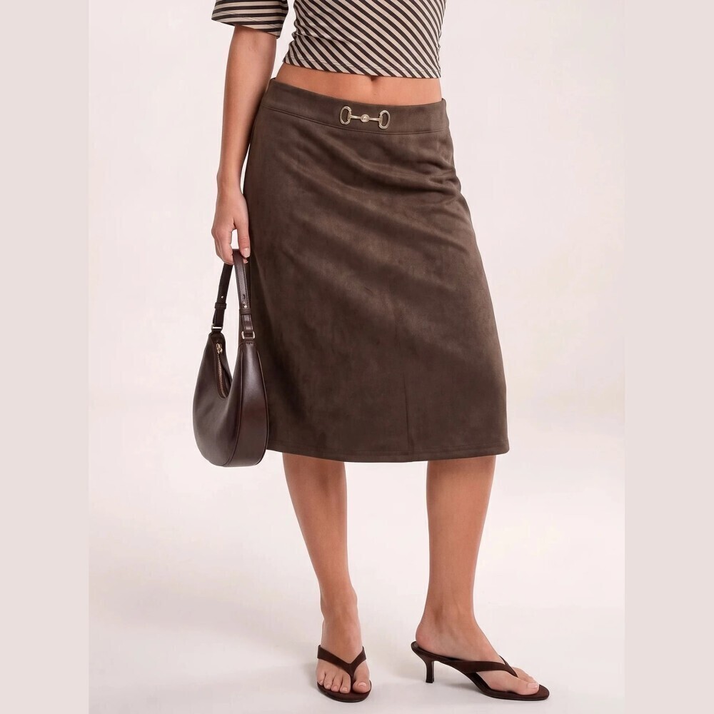 Brown Faux Suede Horsebit Detail Trim A-Line Midi Skirt